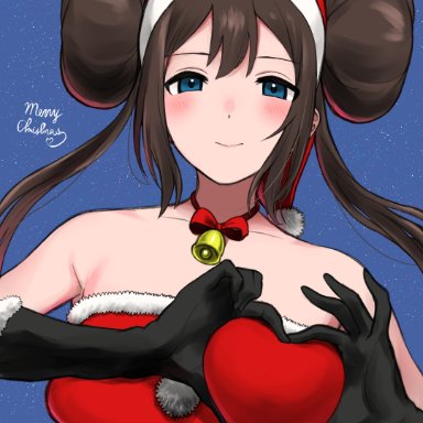 1girls, absurdres, alternate costume, bangs, bell, black gloves, blue eyes, blush, bow, breasts, brown hair, christmas, closed mouth, collarbone, commentary request