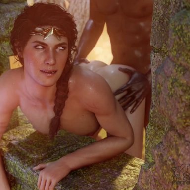 1boy, 1boy1girl, 1girls, ambiguous penetration, areolae, assassin's creed (series), assassin's creed odyssey, bouncing breasts, braid, braided hair, brown hair, cg, dark-skinned male, doggy style, female
