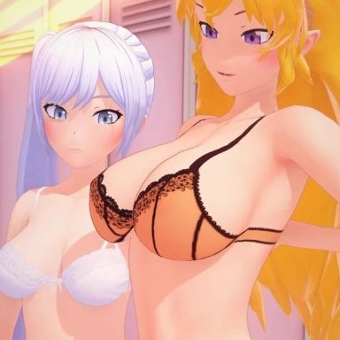 2girls, 3d, arms behind back, big breasts, blonde hair, bra, breast envy, breasts, english text, female, huge breasts, jealous, lingerie, nyxxzeiss, rwby