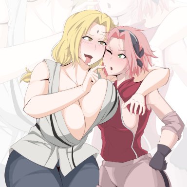 2girls, adult, age difference, asymmetrical docking, bare legs, before sex, big breasts, bike shorts, blonde hair, blush, breast press, breast slip, breasts, brown eyes, cleavage