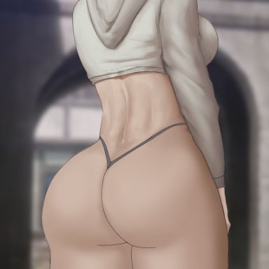 1girls, annie leonhardt, attack on titan, big ass, big butt, blonde hair, blue eyes, clothed, clothing, edit, female, female focus, female only, looking at viewer, looking back