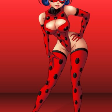 cleavage, elbow gloves, female, high heels, highleg leotard, ladybug (character), large ass, large breasts, leotard, lips, marinette cheng, miraculous ladybug, thigh boots, thighs, wedge heels