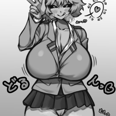 1female, 1girl, big breasts, black and white, blush, breasts, busty, coffeelove68, female, female only, huge breasts, large breasts, mina ashido, monochrome, my hero academia