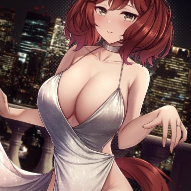 1girls, 2021, animal ears, bangs, bare shoulders, blush, breasts, brown eyes, city background, cityscape, cleavage, closed mouth, collarbone, cowboy shot, dress