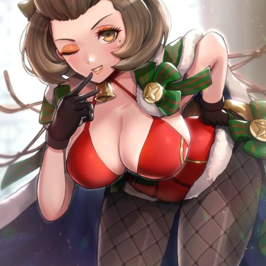 1girls, 2021, ;d, alternate costume, antlers, beauty mark, bell, bent over, breasts, brown eyes, brown hair, christmas, cleavage, clothed, clothed female
