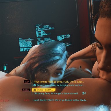 3d, 3d (artwork), 3girls, bifrost3d, breasts, brown eyes, cunnilingus, cyberpunk 2077, dialogue, female, female only, female pov, gameplay mechanics, hud, judy alvarez