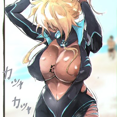 areolae, bleach, blonde hair, breasts, clothed, clothing, diving mask, diving suit, female, large breasts, maxi, open clothes, solo, tia harribel