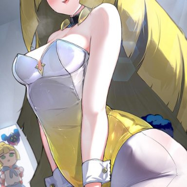 1pokemon, 2021, 2girls, blonde hair, blush, breasts, bunny ears, bunny girl, bunnysuit, character in background, cosmog, detached collar, embarrassed, female, green eyes