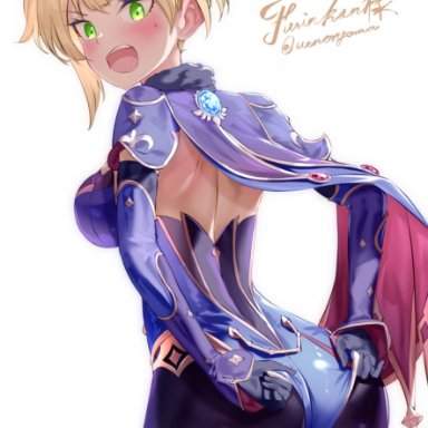 absurdres, adjusting clothes, adjusting leotard, angry, artist name, ass, blonde hair, blush, bodysuit, breasts, cape, commission, cosplay, detached sleeves, female