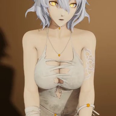 1boy, 1girls, animated, audiodude, bangs, bare shoulders, big breasts, big penis, blush, breasts, clothed, clothed female nude male, clothed sex, code vein, collarbone