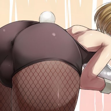 1boy, armin arlert, ass, attack on titan, bare shoulders, bent over, big ass, blonde hair, blush, brown eyes, bulge, bunnysuit, crossdressing, fake tail, femboy