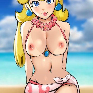 bikini, blonde hair, blue eyes, breasts outside, lei, looking at viewer, mario (series), princess peach, smile, smiling, sunbeam, sunbeam (artist), tagme, tanlines