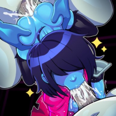 1futa, 2boys, anal, anal sex, ass grab, balls, blowjob, blue body, blue skin, bukkake, cum in ass, cum in mouth, cum inside, deltarune, deltarune chapter 2