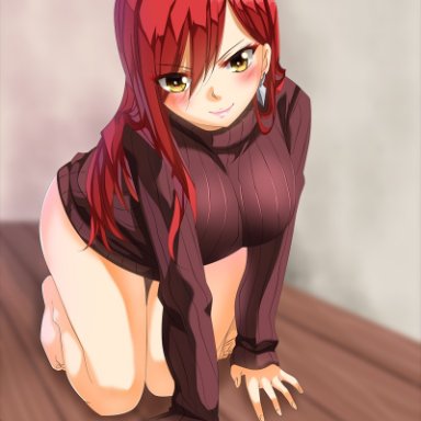 all fours, erza scarlet, facu10mag, fairy tail, looking at viewer, on floor, red hair, seductive, seductive look, straight hair, yellow eyes