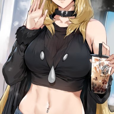 1girls, belly, belly button, blonde hair, blush, breasts, bubble tea, busty, casual, choker, cleavage, curvy, cynthia (pokemon), drink, earrings