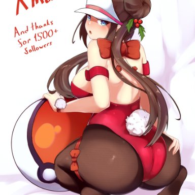 1girls, absurdres, artist name, ass, ass grab, back, blue eyes, blush, bow, breasts, brown hair, christmas, creatures (company), double bun, fake tail