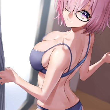 1girls, 2021, ass, back, back view, bare legs, blush, bra, breasts, fate/grand order, fate (series), female, female only, glasses, hair over one eye