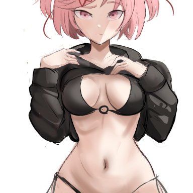 1girls, 2021, belly button, bikini, black bikini, breasts, doki doki literature club, female, female only, hair ornament, hips, hoodie, large breasts, light blush, long sleeves