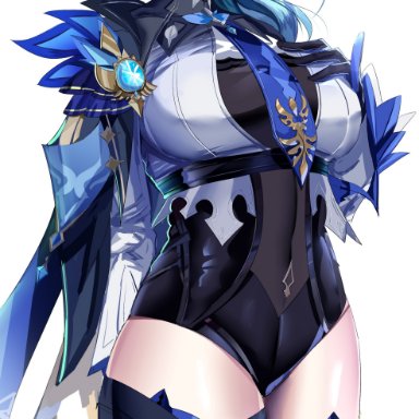 1girls, abs, absurd res, adamant369, bangs, belly button, big breasts, black bodysuit, blue hair, blush, bodysuit, breasts, eula (genshin impact), female, genshin impact