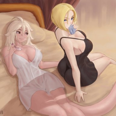 2021, 2girls, after sex, android 18, android 21, arm support, ass, bare shoulders, bed, big breasts, black panties, blonde hair, blue eyes, blush, breasts