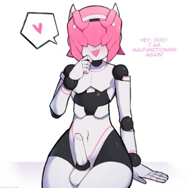 1boy, balls, blush, cock ring, dialogue, english text, femboy, heart, male, male only, ms pigtails, penis, robot, robot boy, robot neoanthropinae polynian