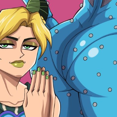 2girls, alternate version available, ass, big ass, blonde hair, bubble butt, female, female only, green eyes, jojo's bizarre adventure, jolyne kujo, light-skinned female, light skin, luckyshazo, meme