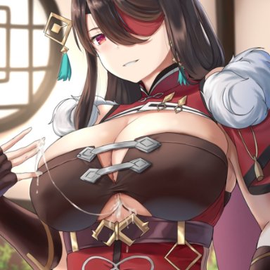 absurdres, after paizuri, beidou (genshin impact), belt, breasts, brown belt, brown hair, chinese clothes, cleavage, cleavage cutout, clothing cutout, cum, cum on body, cum on breasts, cum string