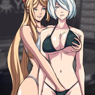 2girls, black lingerie, blank stare, blonde hair, dialogue, drooling, electrickronos, evil grin, female, female only, femdom, femsub, green eyes, groping, groping breasts