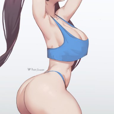 1girls, 2021, absurd res, alternate breast size, arms up, ass, black hair, blue panties, blue topwear, breasts, female, female only, genshin impact, green eyes, high resolution