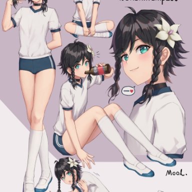 1boy, black hair, blush, bottle, braids, bulge, crossdressing, drinking, feet, femboy, flower, flower in hair, genshin impact, gym shirt, gym shorts