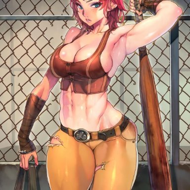 abs, armpits, bare midriff, baseball bat, baseball cap, blue eyes, breasts, cait (fallout), cleavage, clothed, clothing, curvy, f.s., fallout, fallout 4