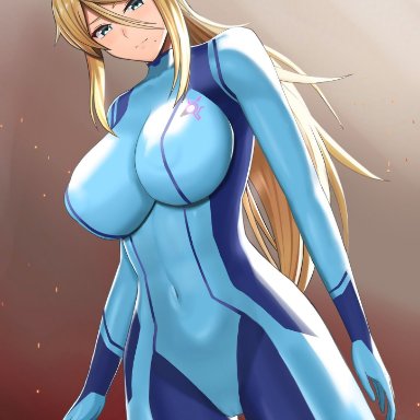 blonde hair, blue eyes, breasts, clothed, clothing, female, higohushi, metroid, nintendo, nipples visible through clothing, samus aran, solo, tagme