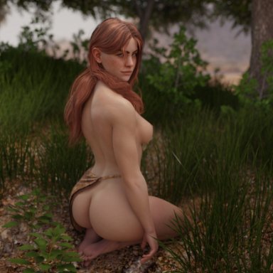 1girls, 3d, aloy, alternate hairstyle, emberstock, horizon zero dawn, loincloth, looking at viewer, muscular, muscular female, on knees, red hair, sitting, solo, topless