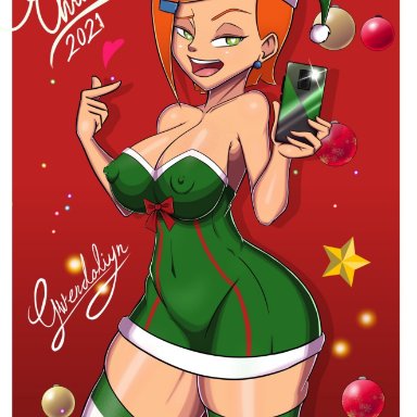 belly button, belly button visible through clothing, ben 10, big areola, big areolae, big breasts, big nipples, cartoon network, christmas, costume, erect nipples, female, gwen tennyson, heart-shaped pupils, heart sign