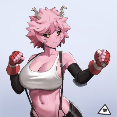 black sclera, blush, breasts, cleavage, cosplay, donburikazoku, fingerless gloves, gloves, horns, large breasts, messy hair, midriff, mina ashido, my hero academia, pink hair