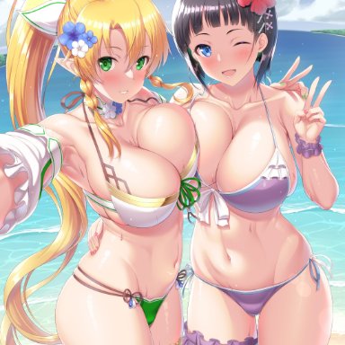 2021, 2girls, alter ego, arm around shoulder, asymmetrical docking, beach, bikini, black hair, blonde hair, blue eyes, blue sky, blush, breast to breast, breasts, choker