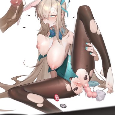 absurdres, anal, anal beads, anal beads tail, anal object insertion, animal ears, asuna (blue archive), barefoot, black legwear, blonde hair, blue archive, blue eyes, blue nails, blush, body writing