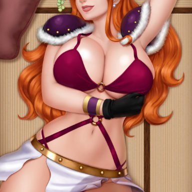 1girls, beast pirates, beast pirates (cosplay), bikini, cleavage, female, female only, flower in hair, gloves, huge breasts, iury padilha, long hair, looking at viewer, lying on back, nami
