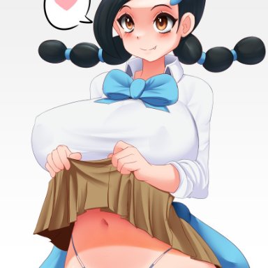 1girls, 2021, artist logo, artist signature, belly button, black hair, blue panties, blush, bowtie, breasts, brown eyes, candice (pokemon), clothed, clothed female, cute fang