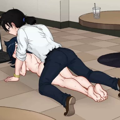 1boy, 1girl, age difference, animated, ass, bags under eyes, barefoot, black hair, blush, breast press, breasts, cafe, clothed male nude female, clothed sex, colorized