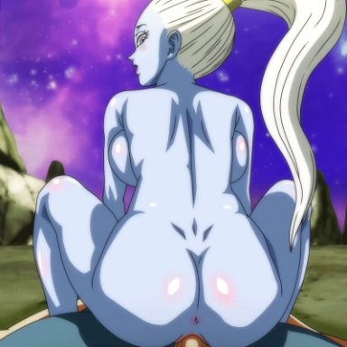 1boy, 1boy1girl, 1girls, android, android 17, angel, animated, anus, ass up and down, back view, backboob, big breasts, blue eyes, blue skin, completely naked