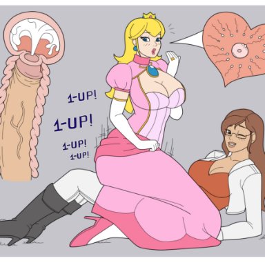 1futa, 1girls, athorment, athorment oc, big breasts, big penis, blonde hair, brown hair, canon x oc, cleavage, clothed, clothing, cowgirl position, crown, cum