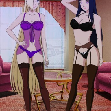 2girls, babydoll, bangs, black bra, black legwear, black panties, blonde hair, blue eyes, blue hair, blunt bangs, bow, bow panties, bra, breasts, brown legwear