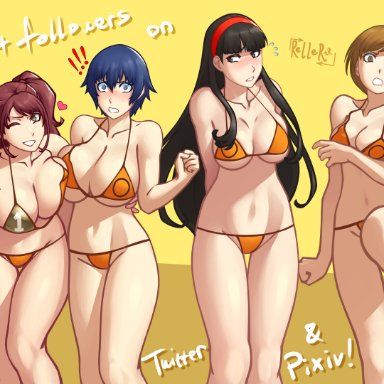 4girls, alternate costume, amagi yukiko, atlus, black hair, blue hair, breasts, brown hair, female, kujikawa rise, one eye closed, persona, persona 4, rellertr, satonaka chie