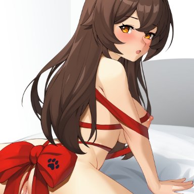 amber (genshin impact), blush, breasts, brown hair, ett, genshin impact, looking at viewer, looking back, naked ribbon, open mouth, pussy, yellow eyes