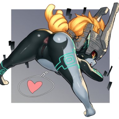 1girls, ass, beckoning, black skin, heart, helmet, imp midna, inviting, inviting to sex, jack-o pose, kawakami rokkaku, looking at viewer, looking back, midna, orange hair