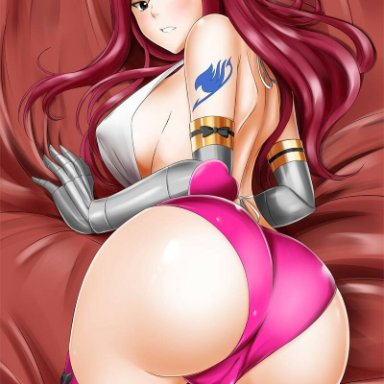 ass, banned artist, bed sheet, bikini, bikini bottom, blue eyes, bottomless, breasts, closed mouth, erza scarlet, fairy tail, female, from below, full body, hair intakes