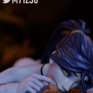 amelie lacroix, ball lick, ball sucking, blizzard entertainment, blowjob, blue hair, choker, european, eye contact, french, licking penis, m71z30, oral, overwatch, ponytail