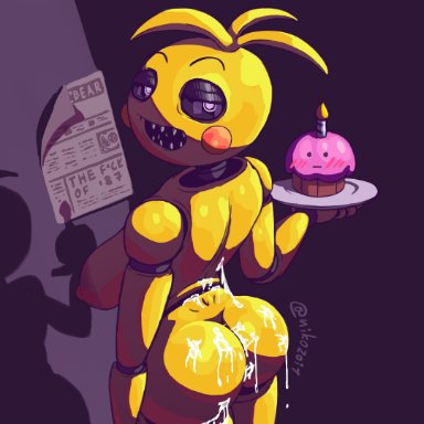 animatronic, ass, big ass, breasts, cum, cum on ass, cum on body, cum on lower body, cupcake (fnaf), dark background, five nights at freddy's, five nights at freddy's 2, holding object, large breasts, looking at viewer