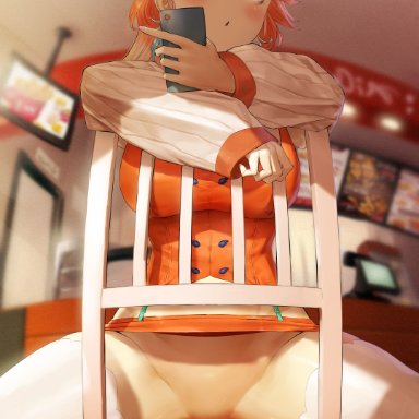 big breasts, blush, blushing, blushing at viewer, chair, detailed background, hairless pussy, hat, hololive, kuroi suna, looking at viewer, mons pubis, mostly clothed, orange hair, painted nails